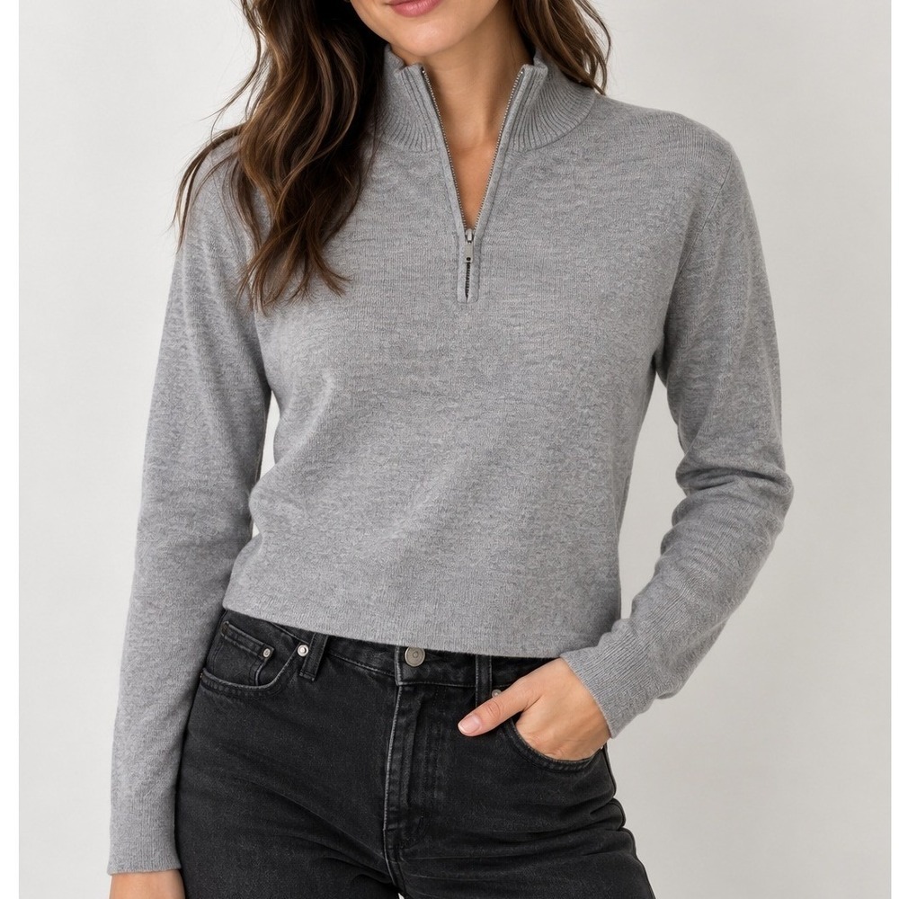 Patrick Assaraf Women M Merino Wool Quarter Zip Sweater Gray Mock Neck Cropped